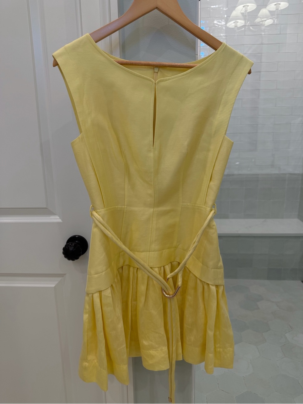 Acler Pale Yellow Sleeveless Drop-Waist Dress with Tie Belt
